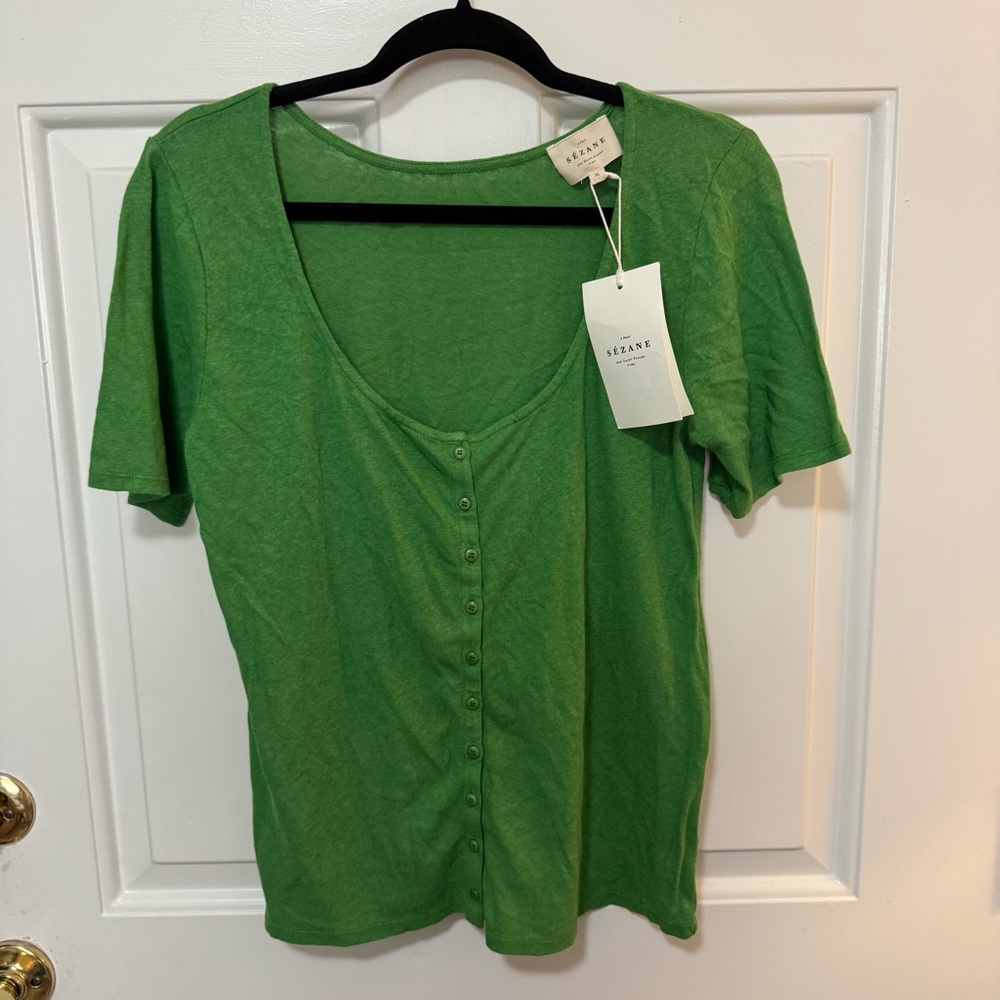 NWT Sezane Milo T-shirt  Verde Green Cotton Linen Size Medium - Picture 2 of 11